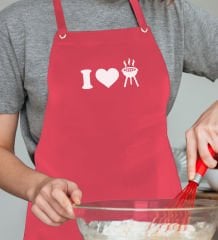 BK Gift Kişiye Özel İsimli I Love Grill Tasarımlı Profesyonel Kırmızı Mutfak Önlüğü, Aşçı Önlüğü, Şef Önlüğü, Arkadaşa Hediye-1