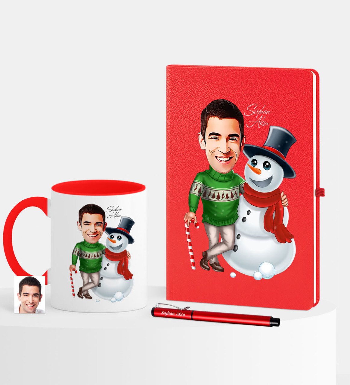 Kişiye Özel Yılbaşı Temalı Bay Karikatürlü Kırmızı Defter Kalem Kupa Seti - 5