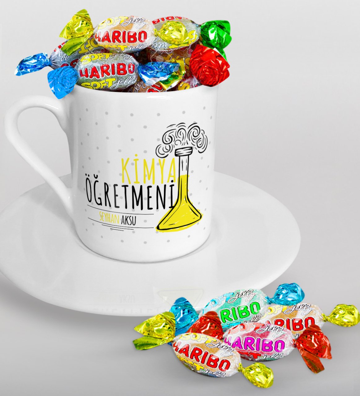 Kişiye Özel Kimya Öğretmeni Türk Kahvesi Fincanı ve Haribo Şeker Hediye Seti-5