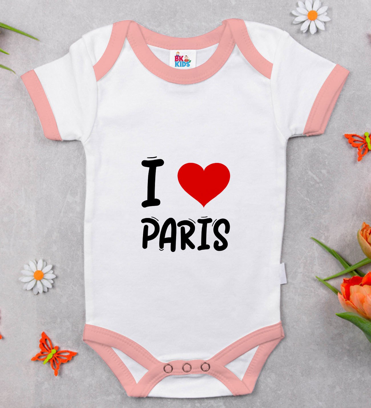 BK Kids I Love Paris Tasarımlı Pembe Bebek Body Zıbın - Model 1