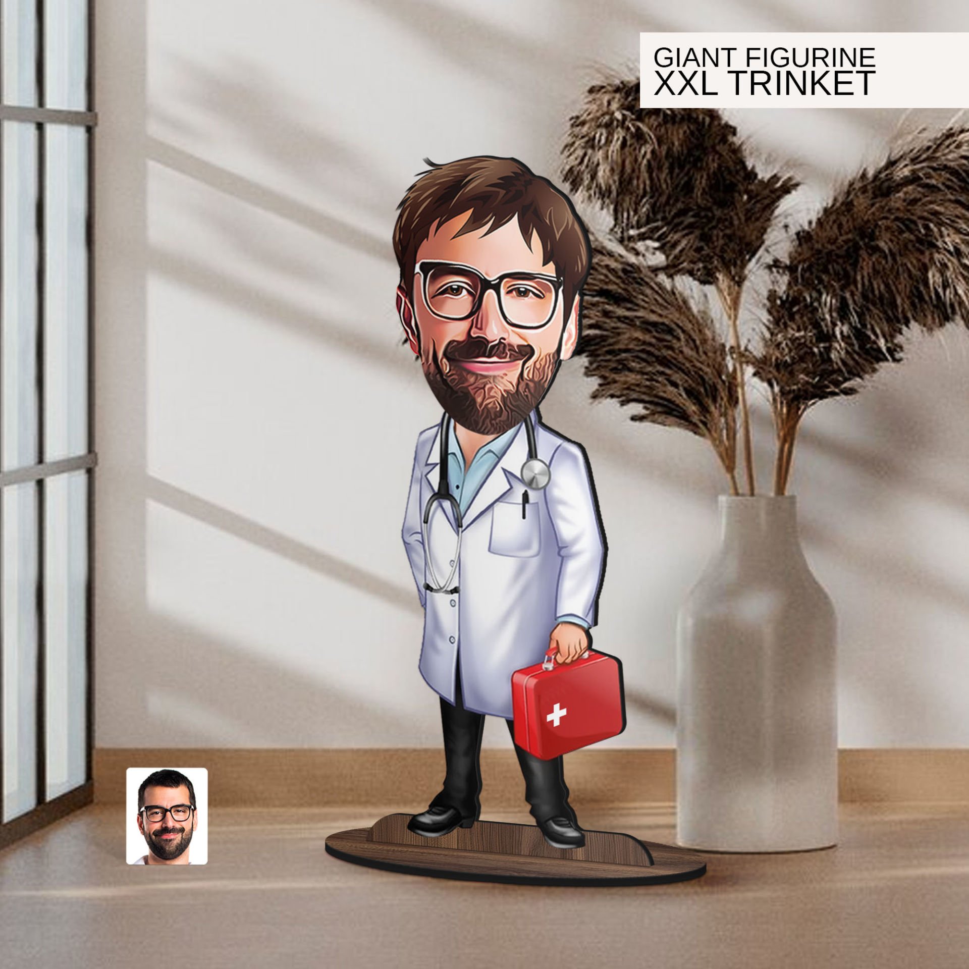 BK Gift Kişiye Özel Doktor Karikatürlü Büyük Boy Ahşap Biblo-5 Arkadaşa Hediye , Sevgiliye Hediye, Kişiye Özel Biblolar