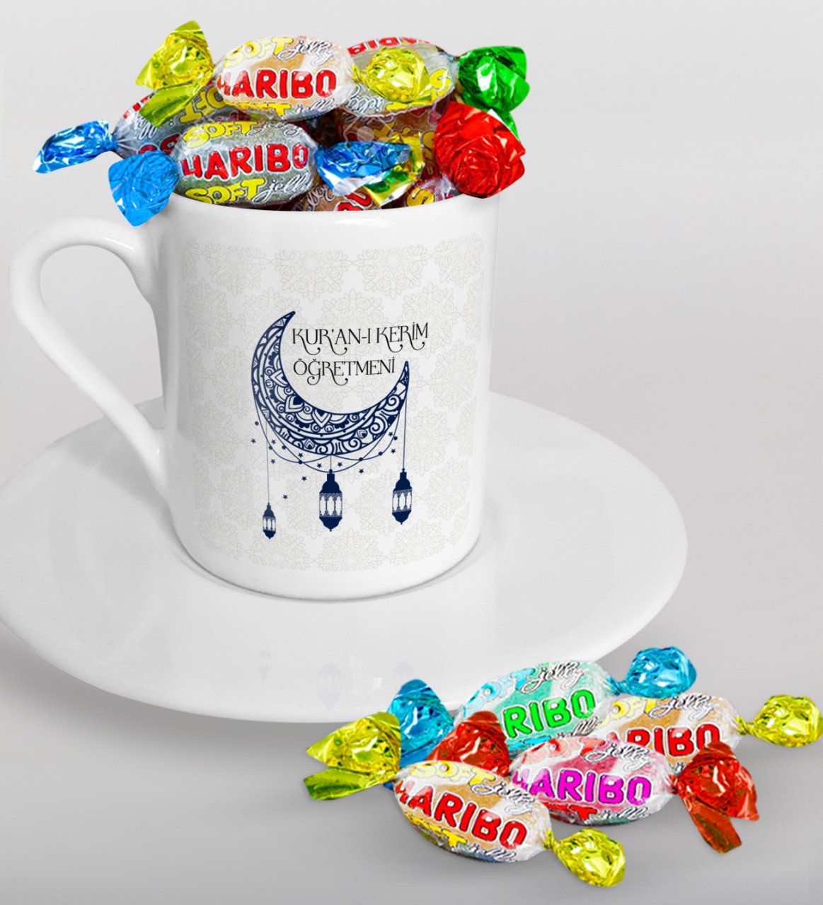 Kişiye Özel Kur'an-ı Kerim Öğretmeni Türk Kahvesi Fincanı ve Haribo Şeker Hediye Seti