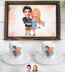 Kişiye Özel Sevgililer Karikatürlü Doğal Ahşap Tepsi ve 2’li Kahve Fincan Seti-14