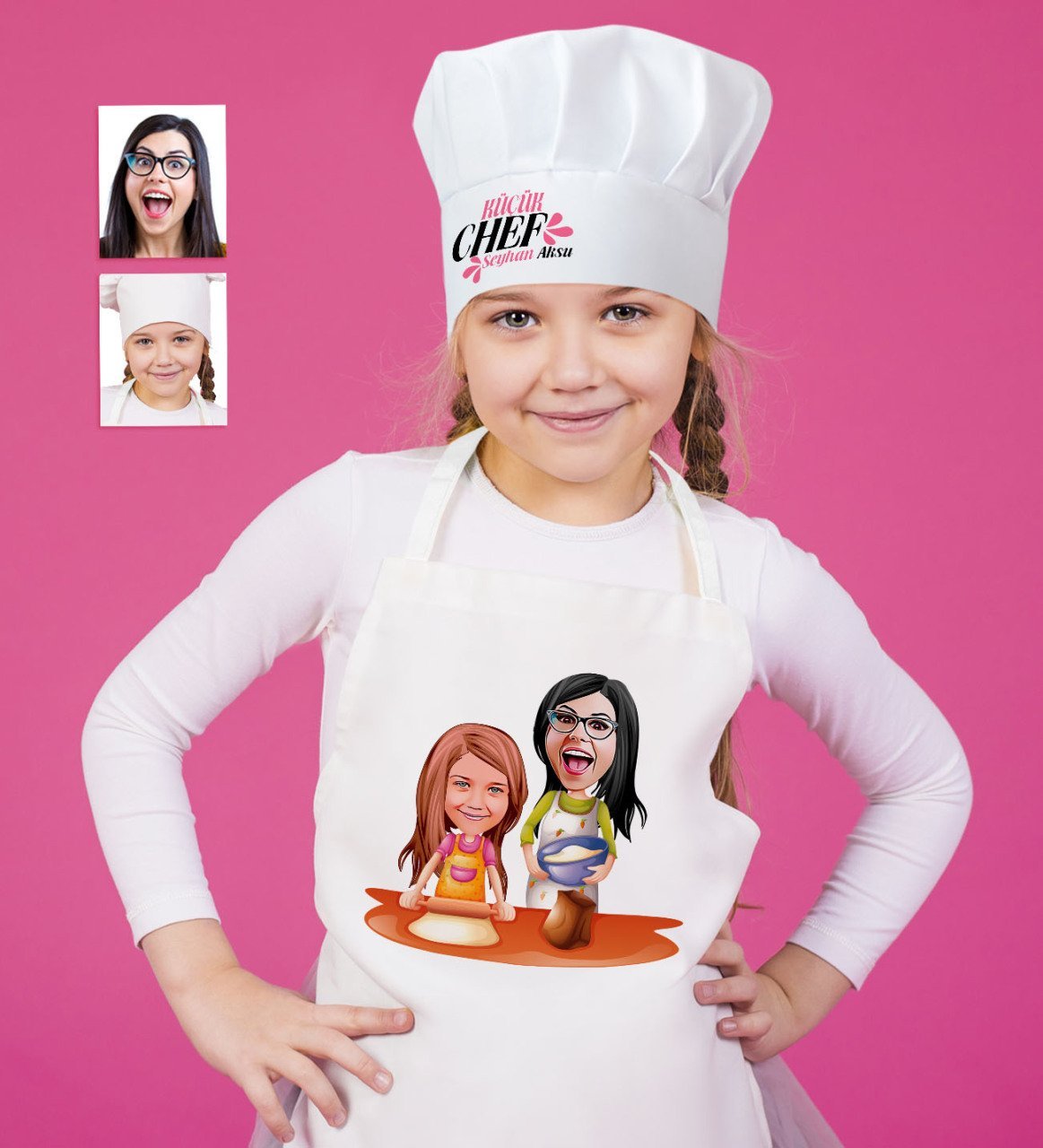 Kişiye Özel Anne Kız Karikatürlü Çocuk Mutfak Önlüğü ve Aşçı Şapkası Seti-2