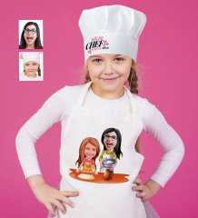 Kişiye Özel Anne Kız Karikatürlü Çocuk Mutfak Önlüğü ve Aşçı Şapkası Seti-2