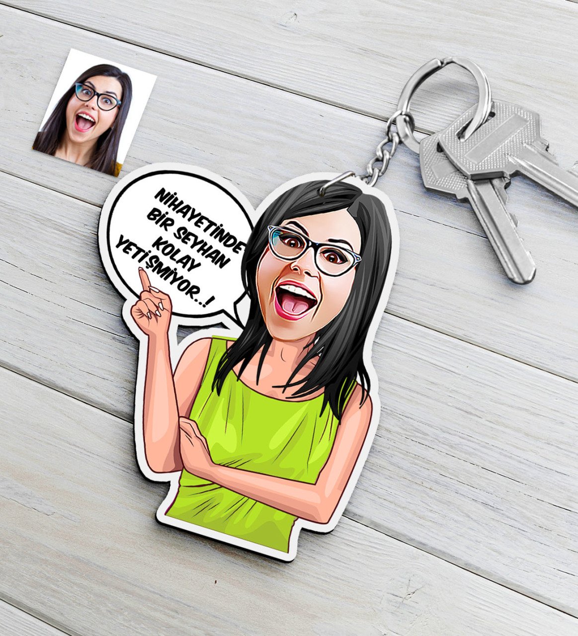 Kişiye Özel Bayan Kolay Yetişmiyor Karikatürlü Ahşap Anahtarlık-5