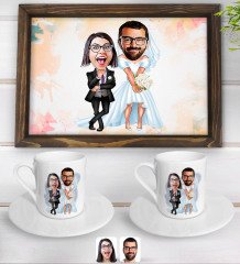 Kişiye Özel Sevgililer Karikatürlü Doğal Ahşap Tepsi ve 2’li Kahve Fincan Seti-16