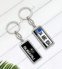 Kişiye Özel Plakalı Subaru Logolu Çift Taraflı Metal Krom Anahtarlık-1