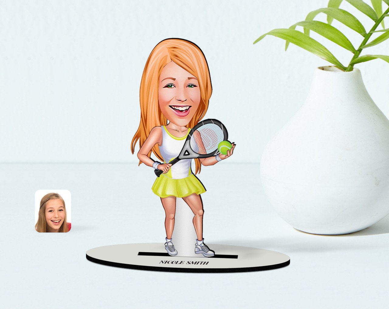 Kişiye Özel Kadın Tenis Oyuncusu Karikatürlü Ahşap Biblo Model-2