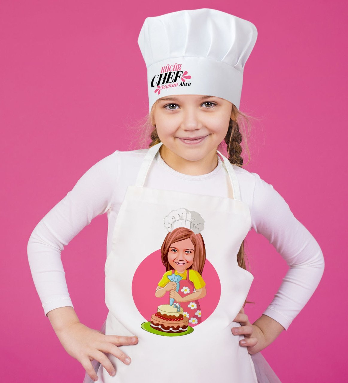 Kişiye Özel Küçük Chef Karikatürlü Kız Çocuk Mutfak Önlüğü ve Aşçı Şapkası Seti-3