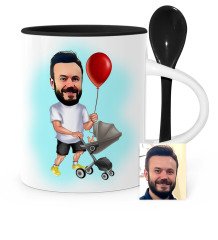 Kişiye Özel Aile Babası Karikatür Siyah Kaşıklı Kupa Bardak - 1