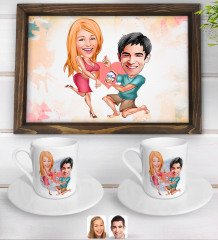 Kişiye Özel Sevgililer Karikatürlü Doğal Ahşap Tepsi ve 2’li Kahve Fincan Seti-19