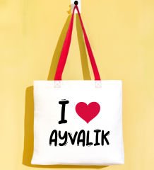 BK Gift I Love Ayvalık Kırmızı Renkli Kulp Gabardin Bez Çanta 40x35cm, Baskılı Omuz Çantası, Alışveriş Çantası, Plaj Çantası