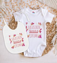 BK Kids Halasının Ballı Lokumu Tasarımlı Beyaz Bebek Body Zıbın ve Mama Önlüğü Hediye Seti-1