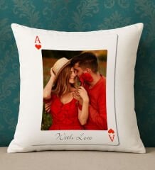 BK Gift Kişiye Özel Aşkımızın Ası Fotoğraflı İskambil Tasarımlı Beyaz Kırlent Yastık-1, Sevgiliye Hediye, Eşe Hediye