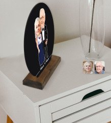 Kişiye Özel Dede ve Büyükanne Karikatürlü Yuvarlak Ahşap Biblo-1