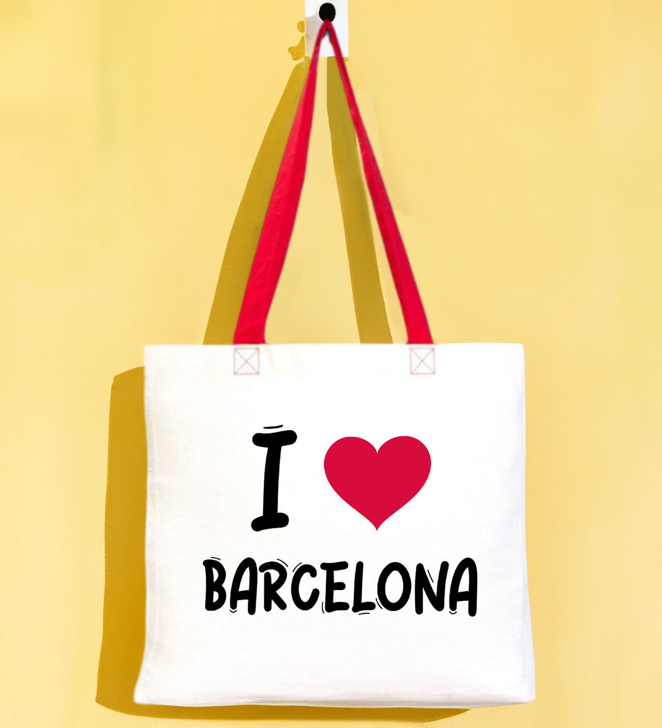 BK Gift I Love Barcelona Kırmızı Renkli Kulp Gabardin Bez Çanta 40x35cm, Baskılı Omuz Çantası, Alışveriş Çantası, Plaj Çantası