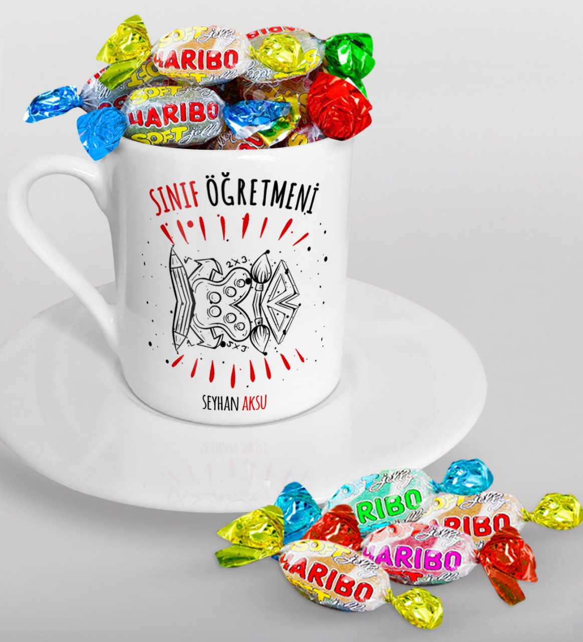 Kişiye Özel Sınıf Öğretmeni Türk Kahvesi Fincanı ve Haribo Şeker Hediye Seti-11