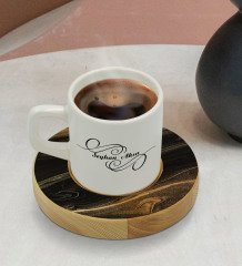 Kişiye Özel Mermer Tasarımlı Doğal Ahşap Tabaklı Türk Kahvesi Fincanı Model 7