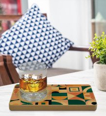 Kişiye Özel Modern Art Tasarımlı Doğal Ahşap Tabaklı Viski Bardağı Sunum Seti Model 14