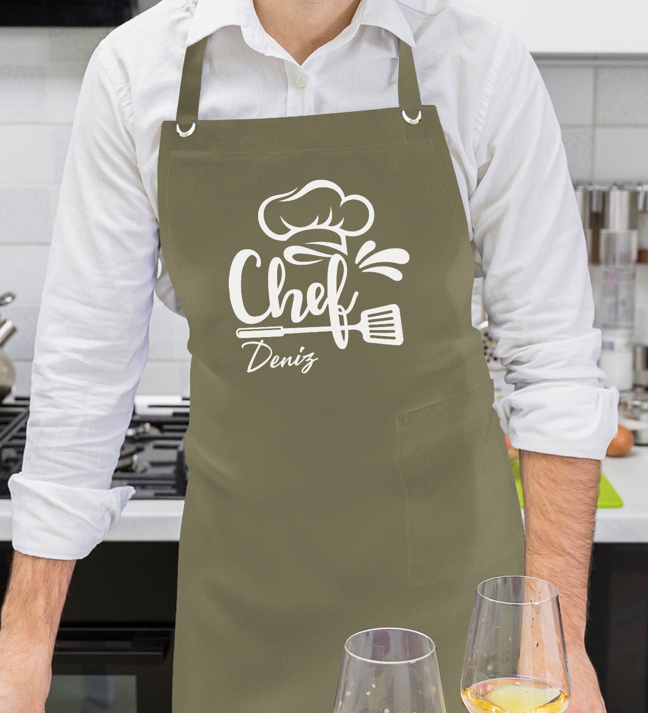BK Gift Kişiye Özel İsimli Chef Tasarımlı Profesyonel Haki Yeşil Mutfak Önlüğü, Aşçı Önlüğü, Şef Önlüğü, Arkadaşa Hediye-5