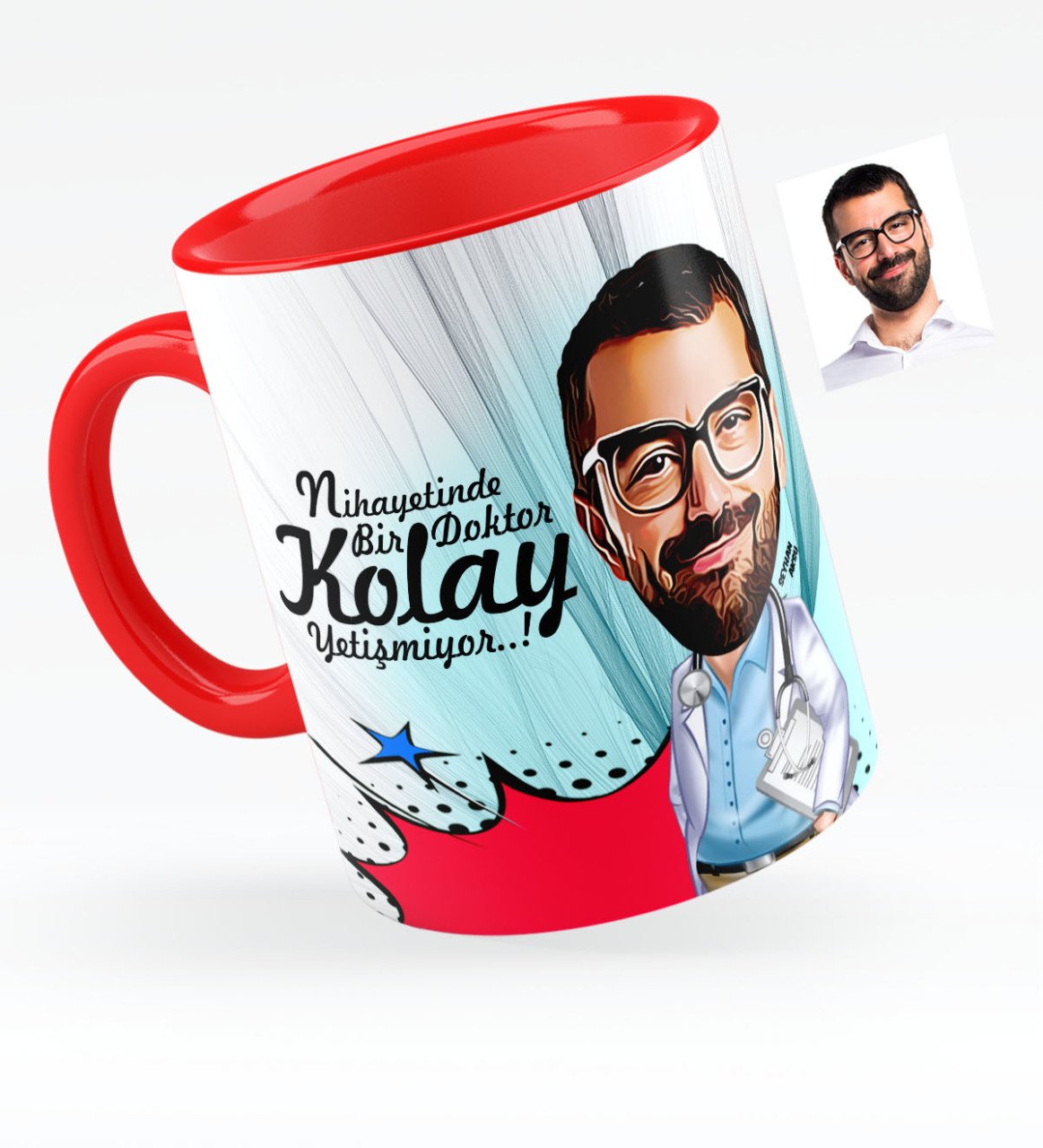 Kişiye Özel Bay Doktor Karikatürlü Kırmızı Kupa Bardak - 5