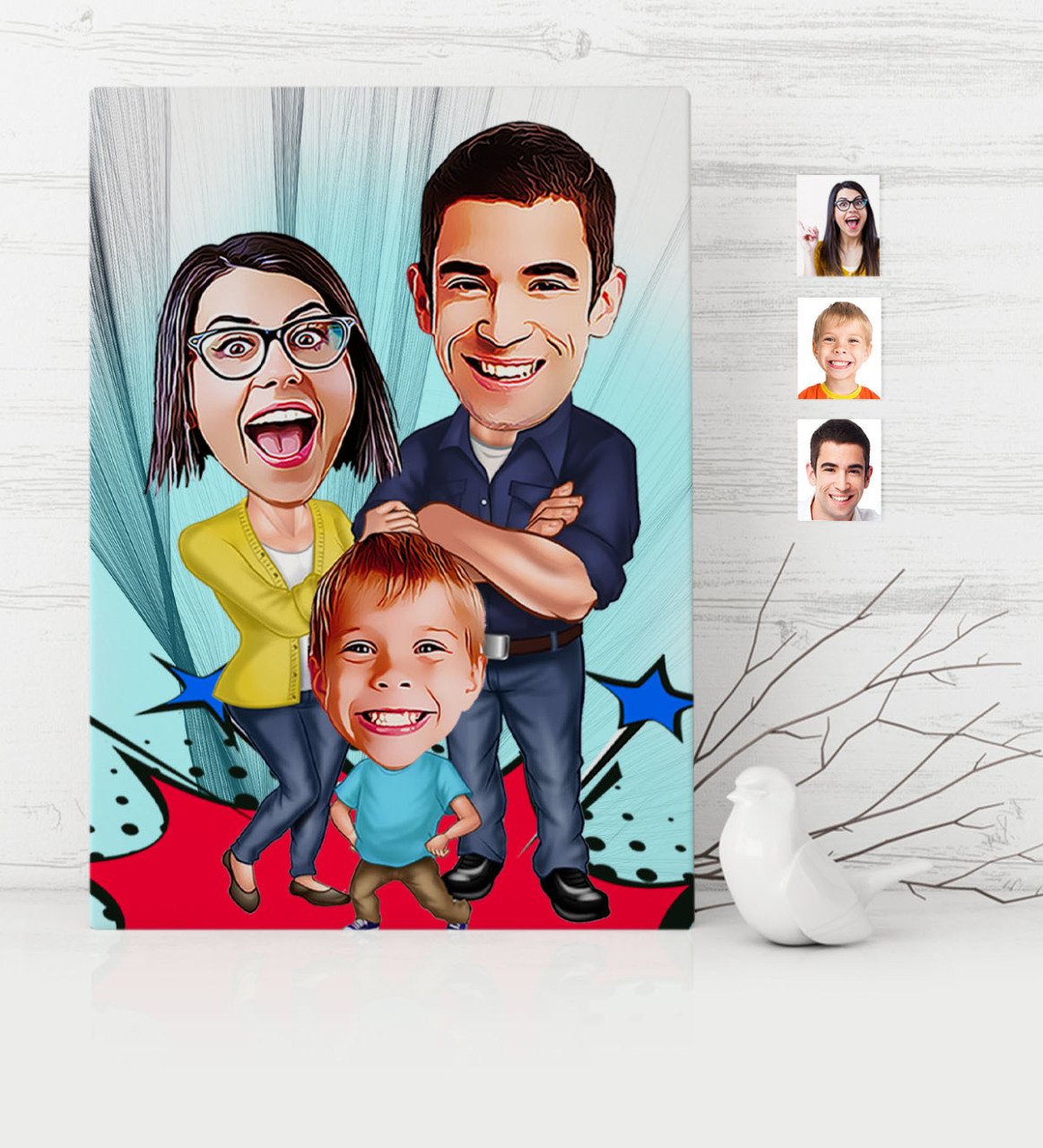 Kişiye Özel Aile Karikatür Kanvas Tablo (30 x 50 cm.) - 1