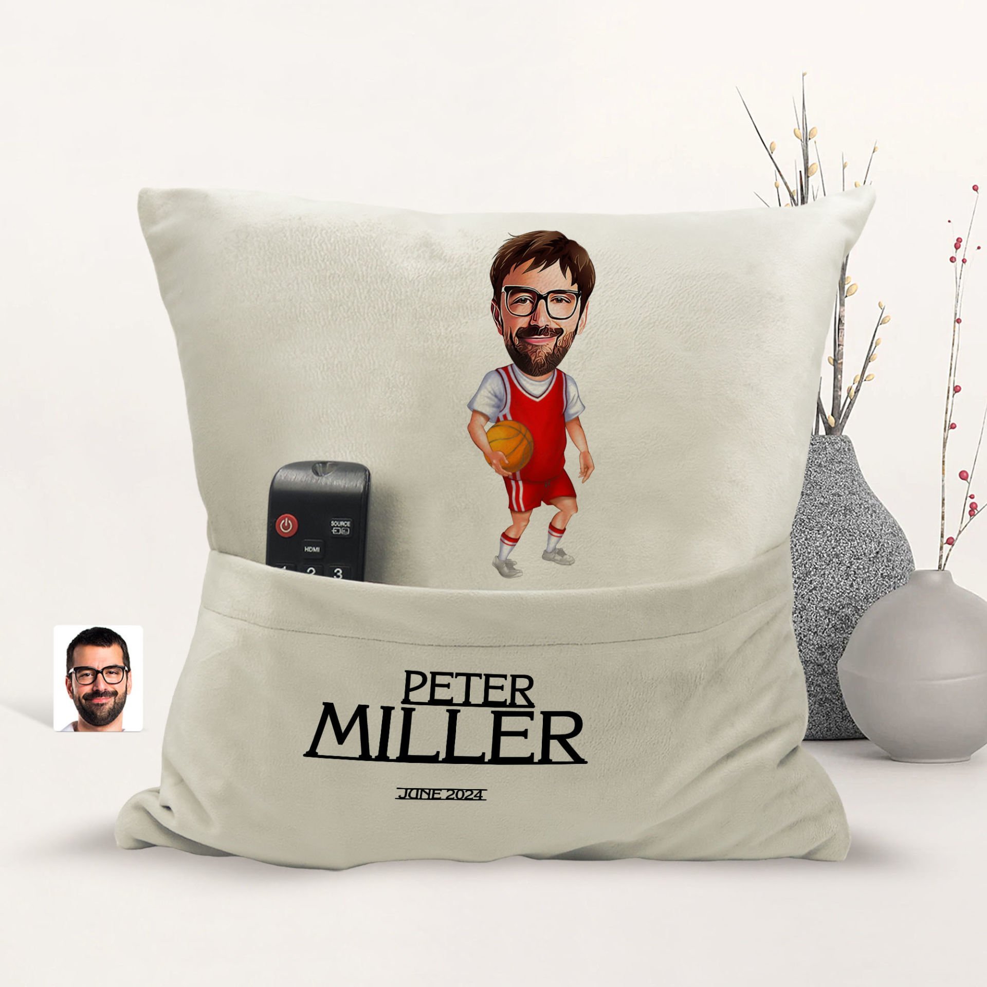 BK Gift Kişiye Özel Basketbol Karikatür Tasarımlı Organizer Kumanda ve Atıştırmalık Cepli Sarı Kırlent Yastık-5 Arkadaşa Hediye, Cepli Yastık
