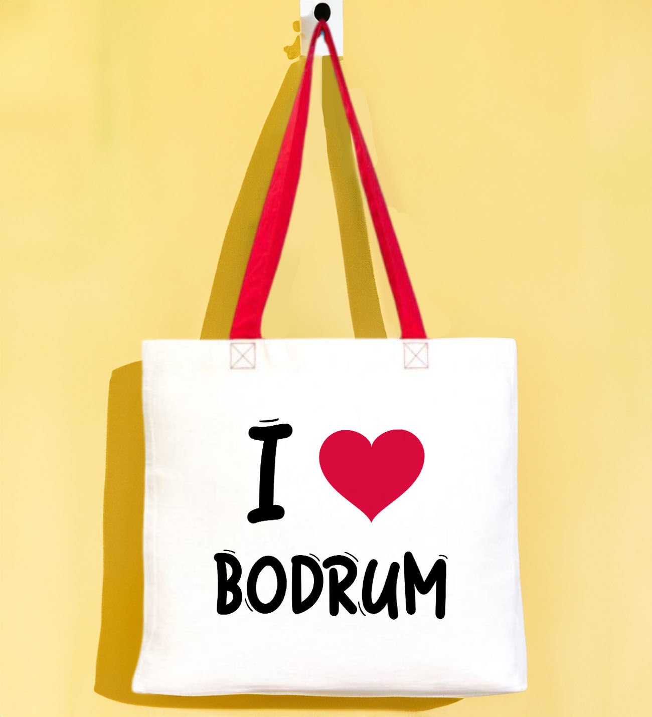 BK Gift I Love Bodrum Kırmızı Renkli Kulp Gabardin Bez Çanta 40x35cm, Baskılı Omuz Çantası, Alışveriş Çantası, Plaj Çantası