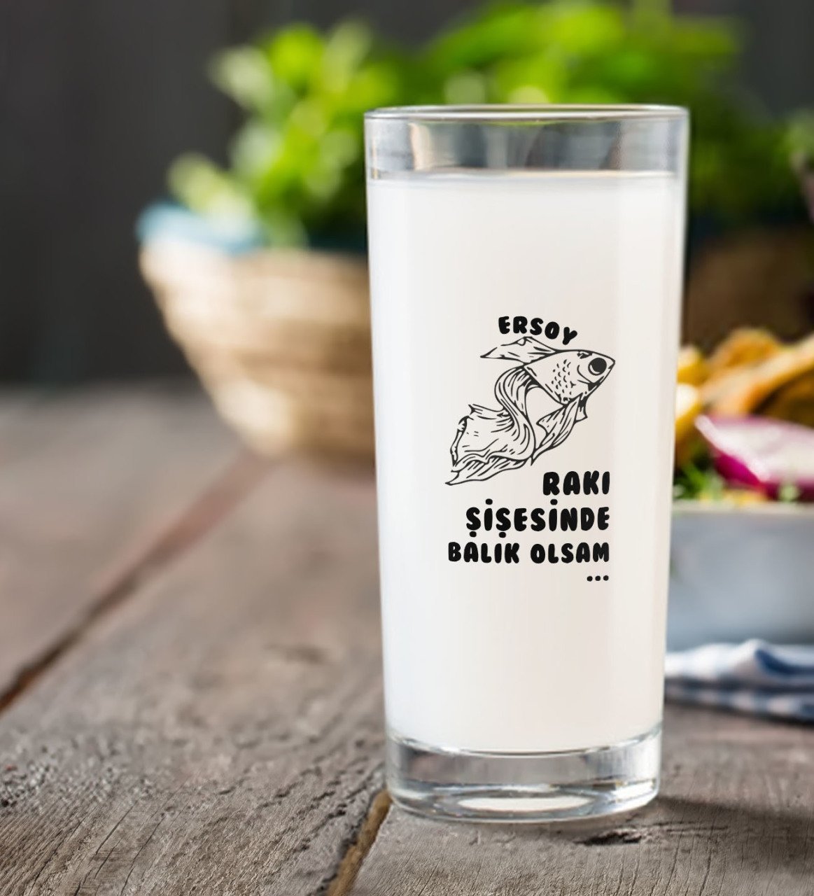 Kişiye Özel Renkli Baskılı Rakı Şişesinde Balık Olsam Rakı Bardağı