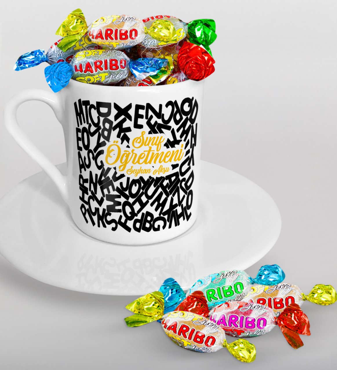 Kişiye Özel Sınıf Öğretmeni Türk Kahvesi Fincanı ve Haribo Şeker Hediye Seti-13