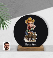 Kişiye Özel Rodeo Karikatürlü Yuvarlak Ahşap Biblo-1