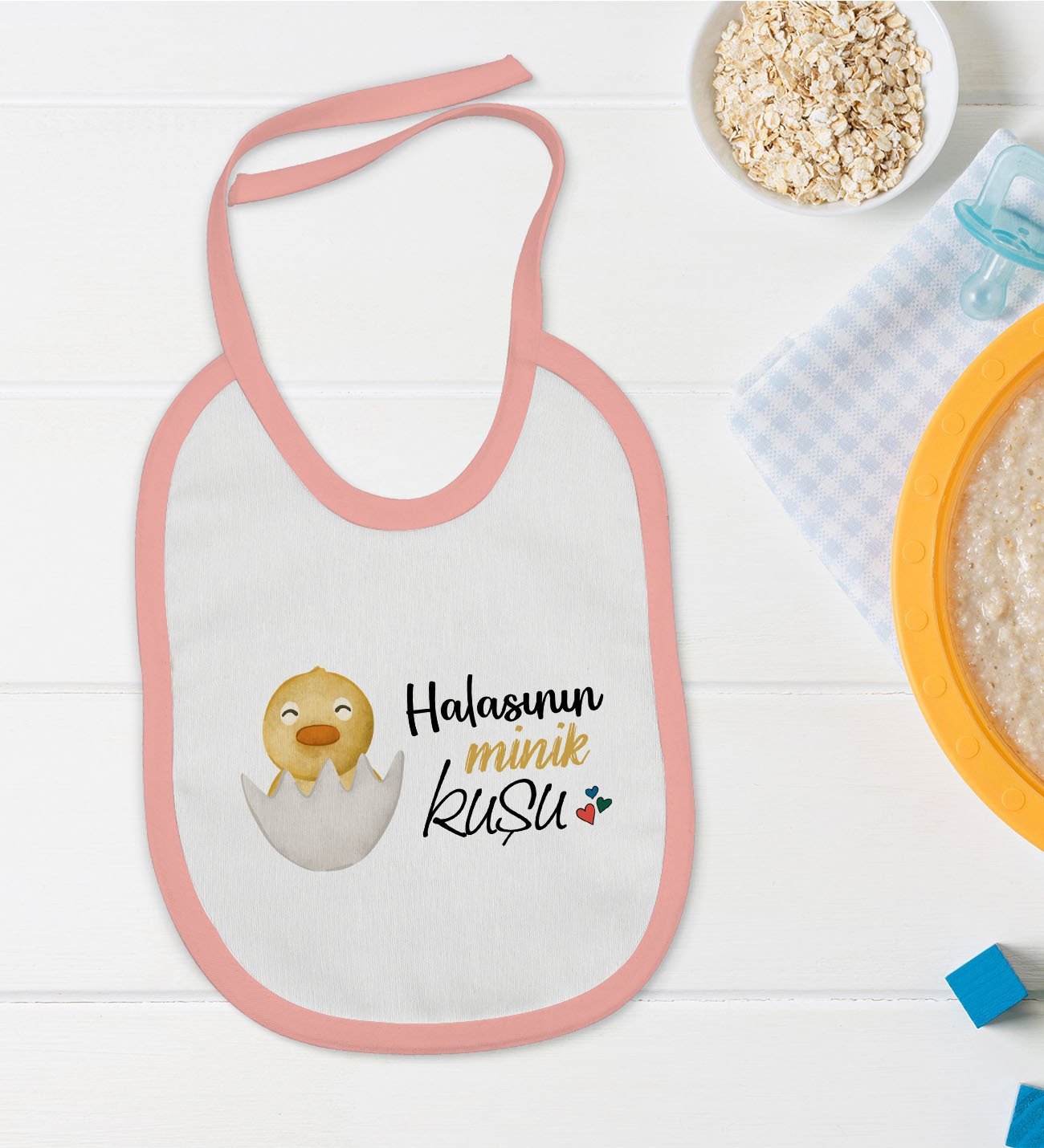 BK Kids Halasının Minik Kuşu Tasarımlı Pembe Bebek Mama Önlüğü