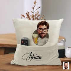 BK Gift Kişiye Özel Bira Karikatür Tasarımlı Organizer Kumanda ve Atıştırmalık Cepli Sarı Kırlent Yastık-1 Arkadaşa Hediye, Cepli Yastık
