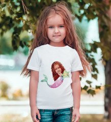 Kişiye Özel Deniz Kızı Karikatürlü Beyaz T-Shirt-1
