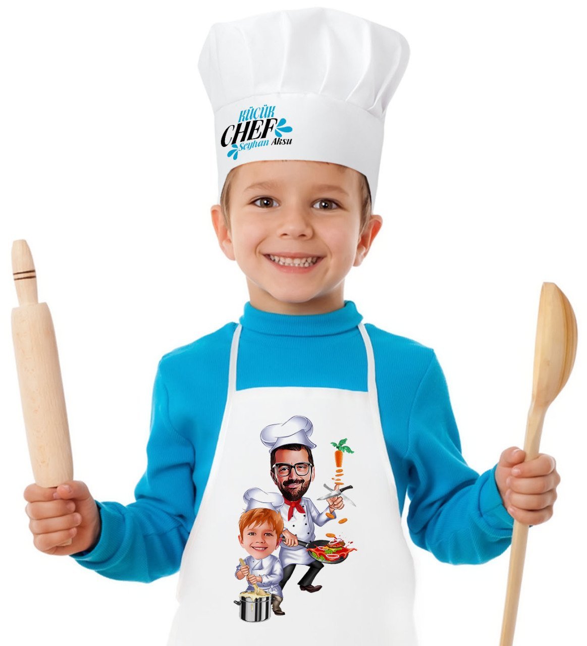 Kişiye Özel Baba Oğul Chef Karikatürlü Çocuk Mutfak Önlüğü ve Aşçı Şapkası Seti