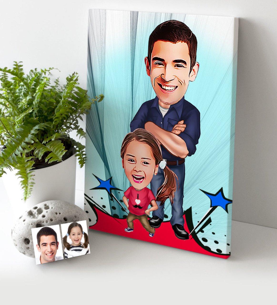 Kişiye Özel Baba Kız Karikatür Kanvas Tablo (30 x 50 cm.) - 1