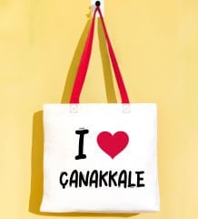 BK Gift I Love Çanakkale Kırmızı Renkli Kulp Gabardin Bez Çanta 40x35cm, Baskılı Omuz Çantası, Alışveriş Çantası, Plaj Çantası