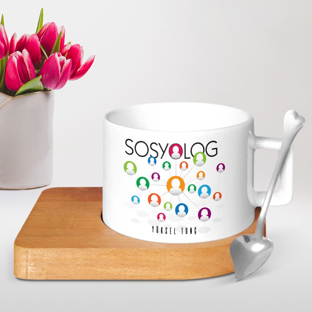 Kişiye Özel Mesleki Sosyolog Ahşap Altlıklı Seramik Fincan