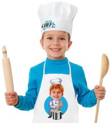Kişiye Özel Küçük Chef Karikatürlü Erkek Çocuk Mutfak Önlüğü Aşçı Şapkası Seti-2