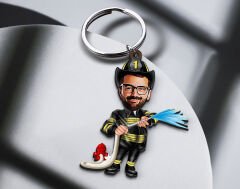 BK Gift Kişiye Özel İtfaiyeci Karikatürlü Ahşap Anahtarlık-1 Sevgiliye Hediye, Arkadaşa Hediye, Doğum Günü Hediyesi