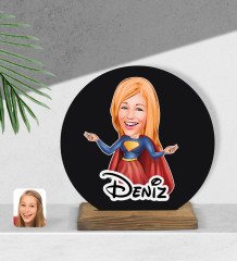 Kişiye Özel Süper Girl Karikatürlü Yuvarlak Ahşap Biblo-1