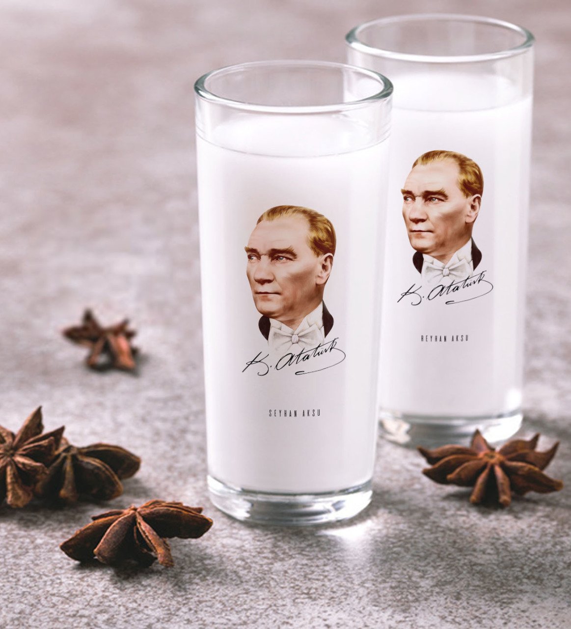 Kişiye Özel Renkli Baskılı Atatürk Temalı İkili Rakı Bardağı Seti-15