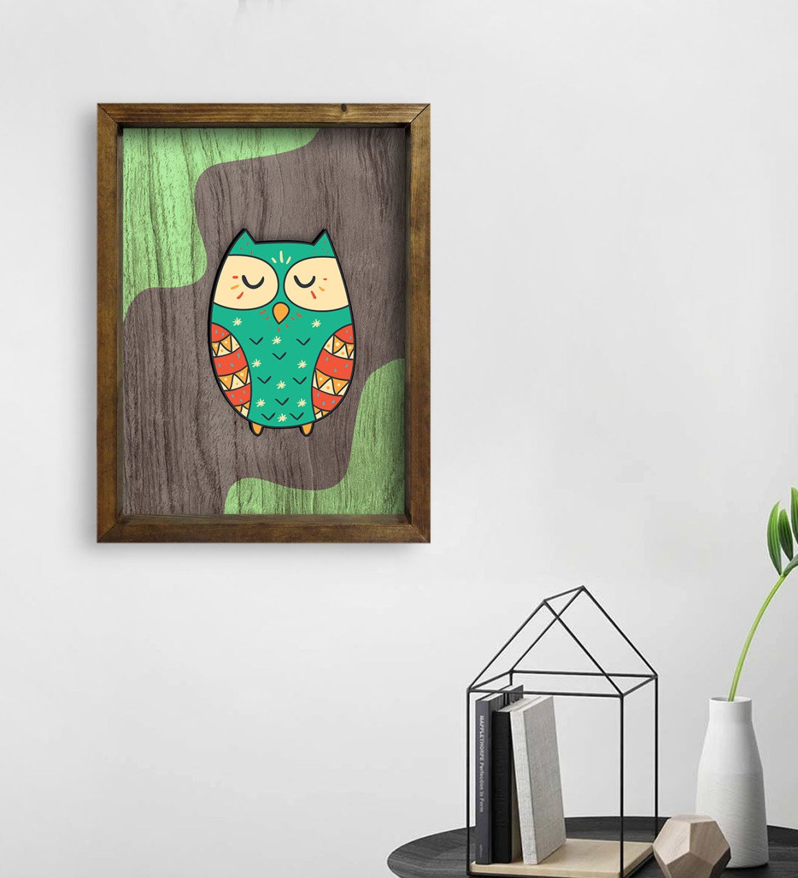 BK Home Baykuş Tasarımlı Doğal Masif Ahşap Çerçeveli Tablo 45x65cm-3