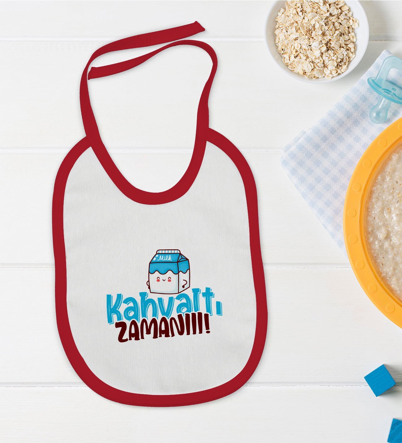 BK Kids Kahvaltı Zamanı Tasarımlı Kırmızı Bebek Mama Önlüğü-1