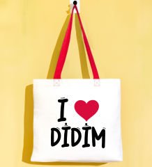 BK Gift I Love Didim Kırmızı Renkli Kulp Gabardin Bez Çanta 40x35cm, Baskılı Omuz Çantası, Alışveriş Çantası, Plaj Çantası