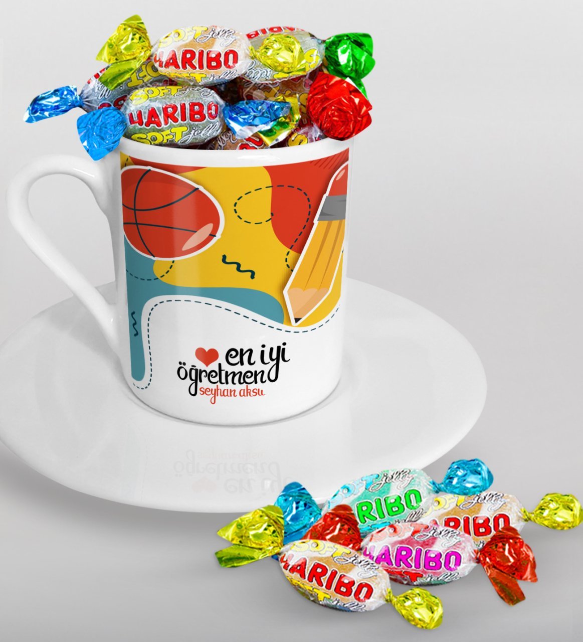 Kişiye Özel En İyi Öğretmen Türk Kahvesi Fincanı ve Haribo Şeker Hediye Seti-5