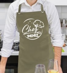 BK Gift Kişiye Özel İsimli Chef Tasarımlı Profesyonel Haki Yeşil Mutfak Önlüğü, Aşçı Önlüğü, Şef Önlüğü, Arkadaşa Hediye-7