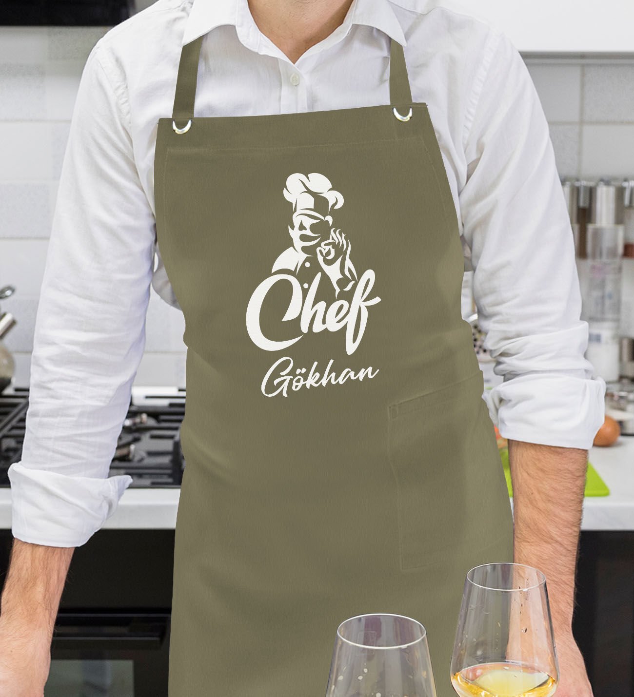 BK Gift Kişiye Özel İsimli Chef Tasarımlı Profesyonel Haki Yeşil Mutfak Önlüğü, Aşçı Önlüğü, Şef Önlüğü, Arkadaşa Hediye-8