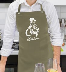 BK Gift Kişiye Özel İsimli Chef Tasarımlı Profesyonel Haki Yeşil Mutfak Önlüğü, Aşçı Önlüğü, Şef Önlüğü, Arkadaşa Hediye-8